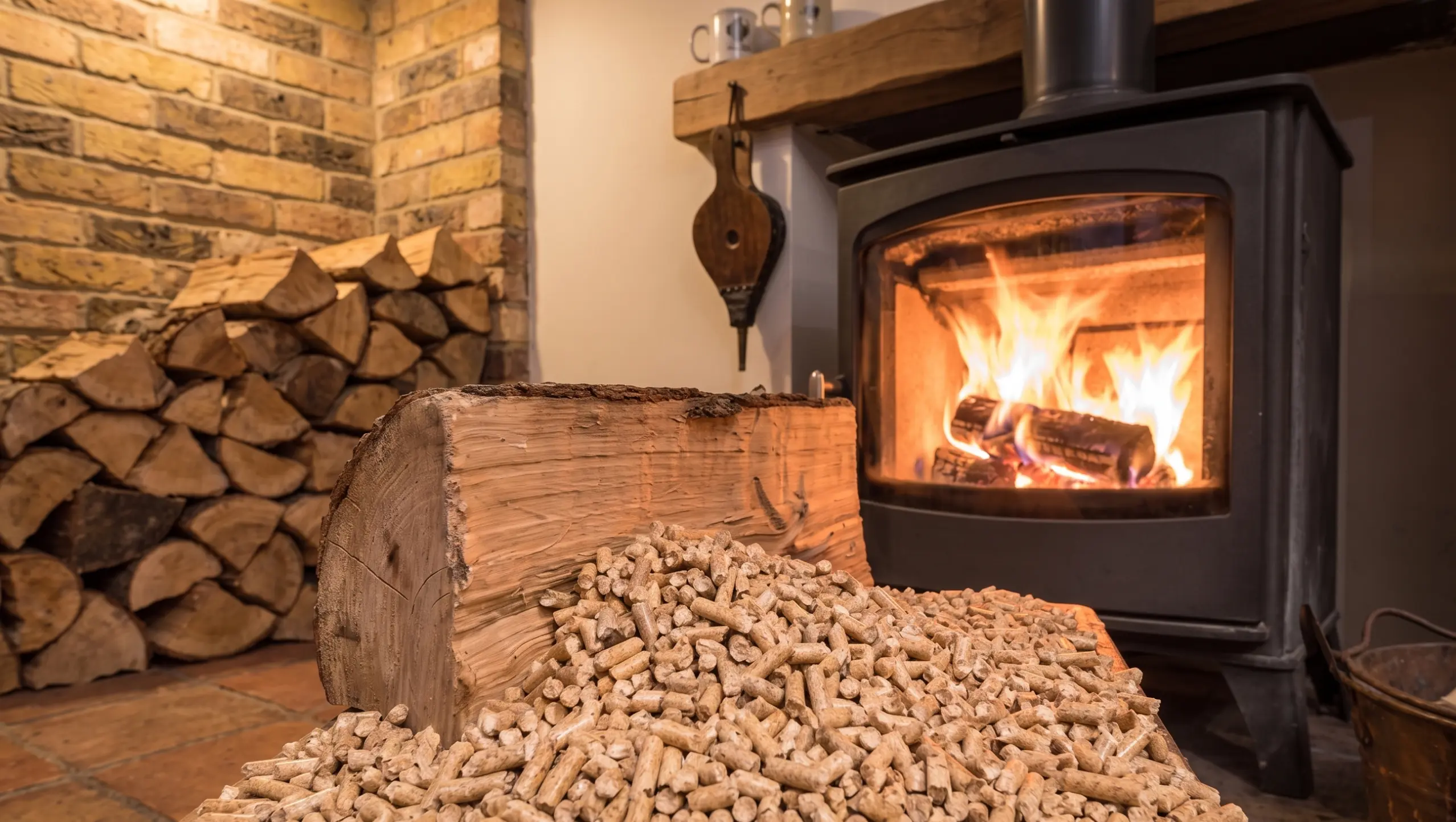 Poêle à bois en fonctionnement avec pellets et bûches de chauffage