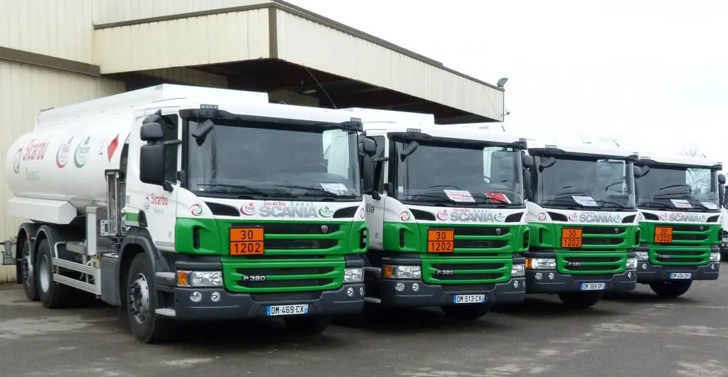 Camions-citernes SICARBU Ouest stationnés sur un site logistique de distribution énergétique